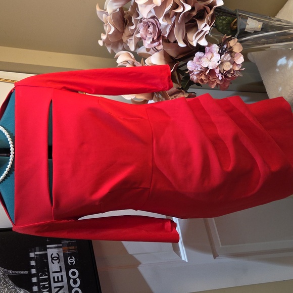 Nwot 14 Alex Evenings Red Long Sleeve Sheath Dress with Neck Cutout - Picture 12 of 17